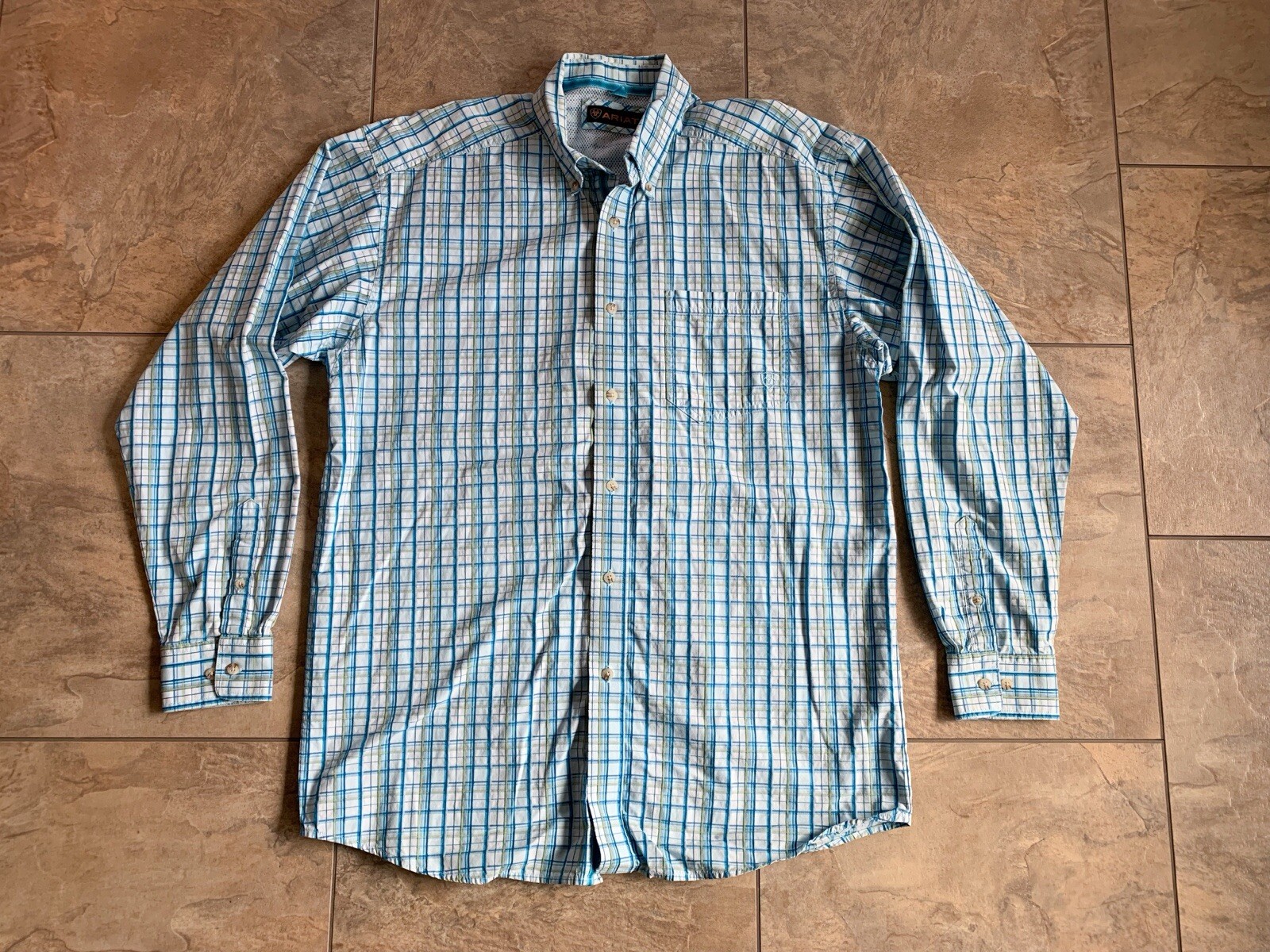 Ariat Men’s Large Long Sleeve Button Shirt Blue Plaid Western Cowboy