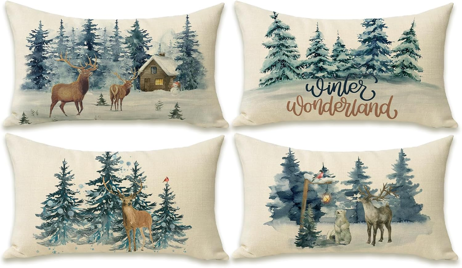Throw Pillow Cover Set of 4 Rectangle Watercolor Winter Holiday Farmhouse Decor-image
