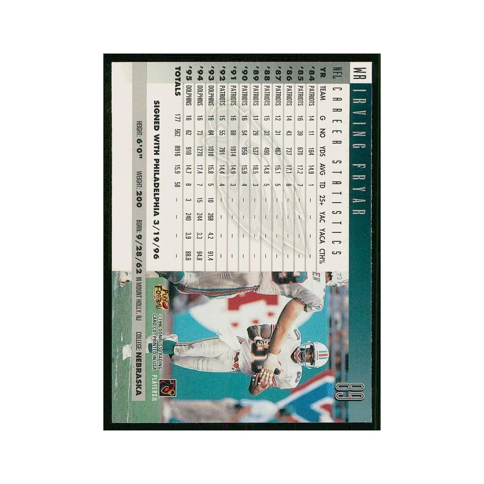 1996 Donruss Irving Fryar Dolphins #89 - Image 2 of 3