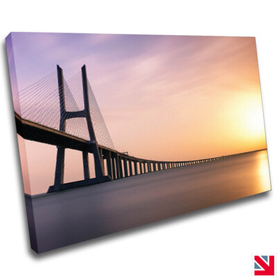 Vasco Da Gama Brücke Sonnenuntergang Portugal LEINWAND Wandbild Bild Druck A4