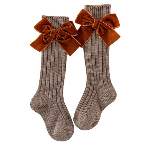 Kids Girls Chunky Ribbed Knit Knee High Socks Solid Cute Velvet Bow Stockings - Picture 6 of 13