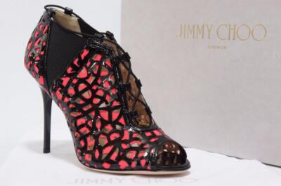 JIMMY CHOO TACTIC LASER-CUT PATENT LATHER CUTOUT BOOTIE HEEL SHOES 38/7.5 $1575