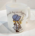 Vintage Federal Milk Glass Holly Hobbie Mug "Start Each Day In A Happy Way" 1972