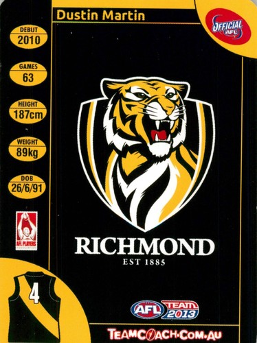 2013 Richmond Tigers AFL TeamCoach Gold Card - Dustin Martin - Picture 2 of 3