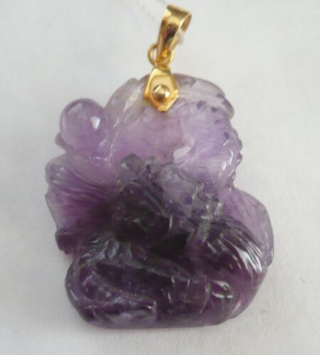 Estate Rare Artisan Carved Amethyst Authentic Natural Dragon 18K Pendant 5.3 gr