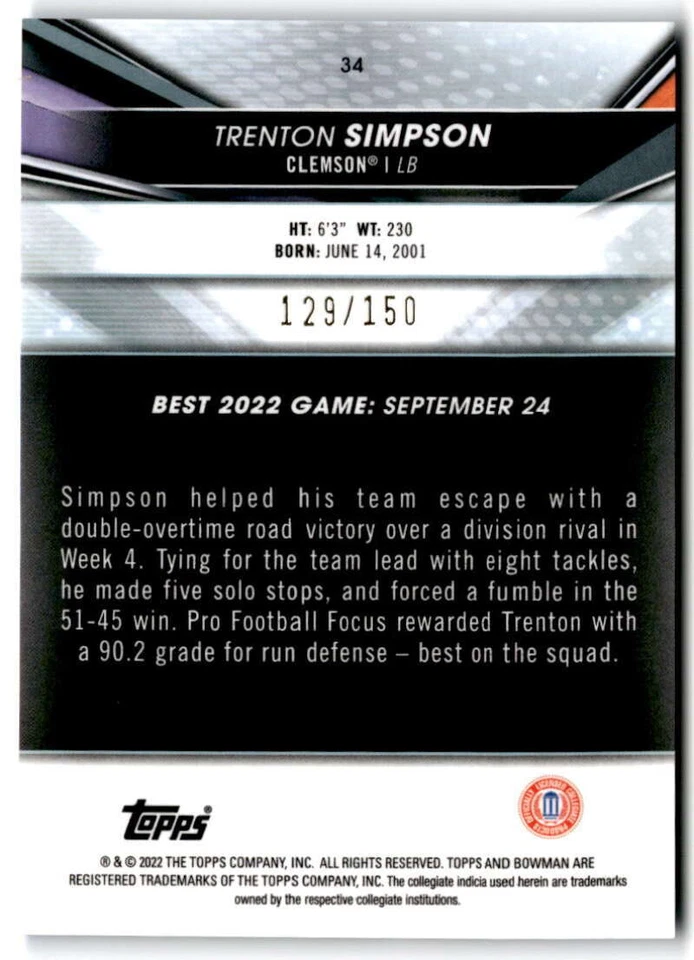 2022-23 Bowman's Best University Refractor Blue #34 TRENTON SIMPSON /150 Clemson - Image 2 of 2