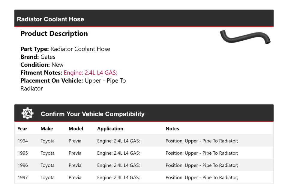 Верхний шланг охлаждающей жидкости для радиатора Toyota Previa 1994-1997 годов выпуска - труба к воротам радиатора - Изображение 2 из 4