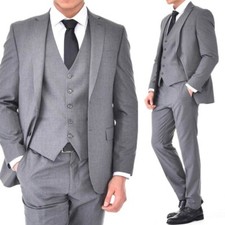 Men Gray Single Breasted Suit Notch Lapel Jacket Business Minimalist Sharp
