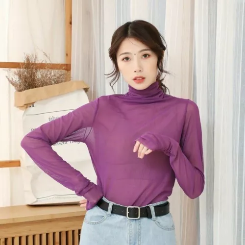 Lady Mesh Blouse See Through Sheer Casual Tops Long Sleeve Turtle Neck Thin Sexy - Picture 16 of 29