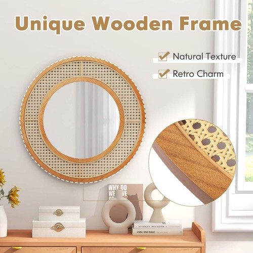Giantex 65cm Rattan Round Wall Mirror Wooden Framed Decorative Mirror Natural - Picture 4 of 8