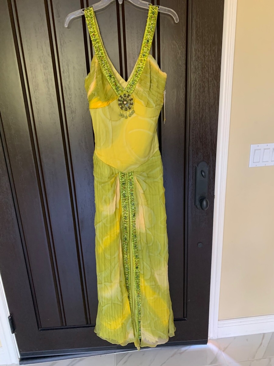 【新品】Sue Wong ビーズ装飾 ハルター ネック ロングドレスショール付き Sue Wong Silk Dress Beaded Evening Gown Green yellow Party