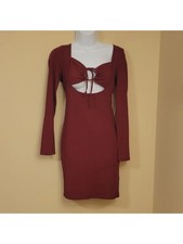ALMOST FAMOUS Womens Maroon Tie At Bodice Long Sleeve Short Dress S