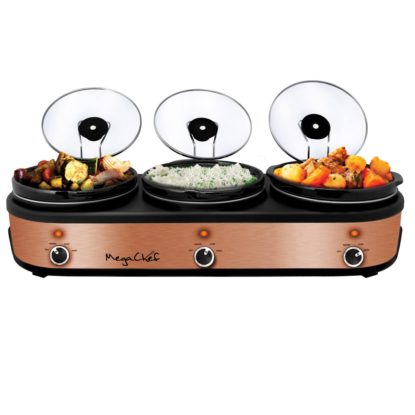 MegaChef Triple 2.5 Quart Slow Cooker and Buffet Server in Brushed Copper and...