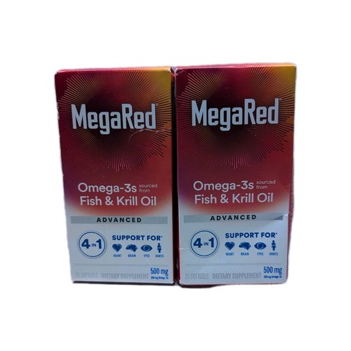 2 MegaRed Advanced 4 In 1 Omega-3s Fish & Krill Oil 500 mg 25 Softgels Ea 07/26