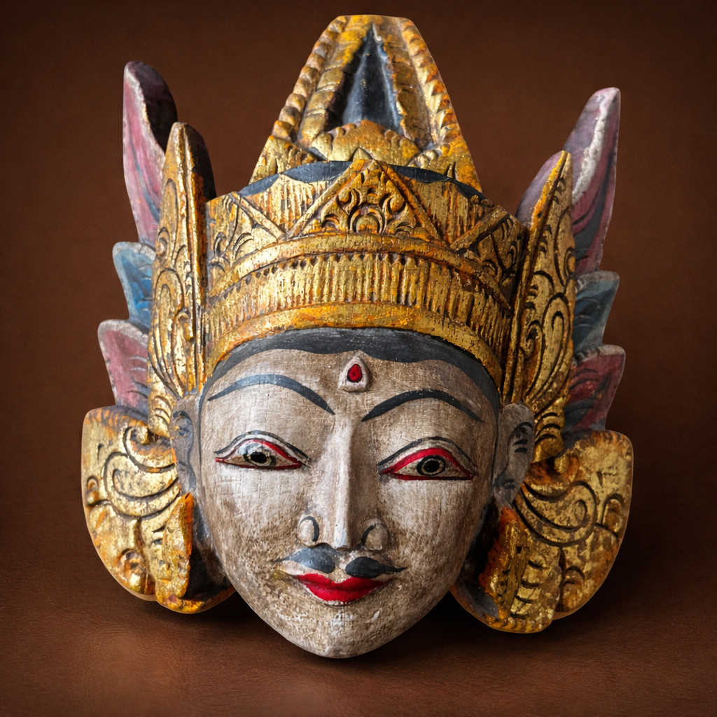 Máscara de teatro indio "Sundara Nayaka" - tallada a mano - dorada - vintage