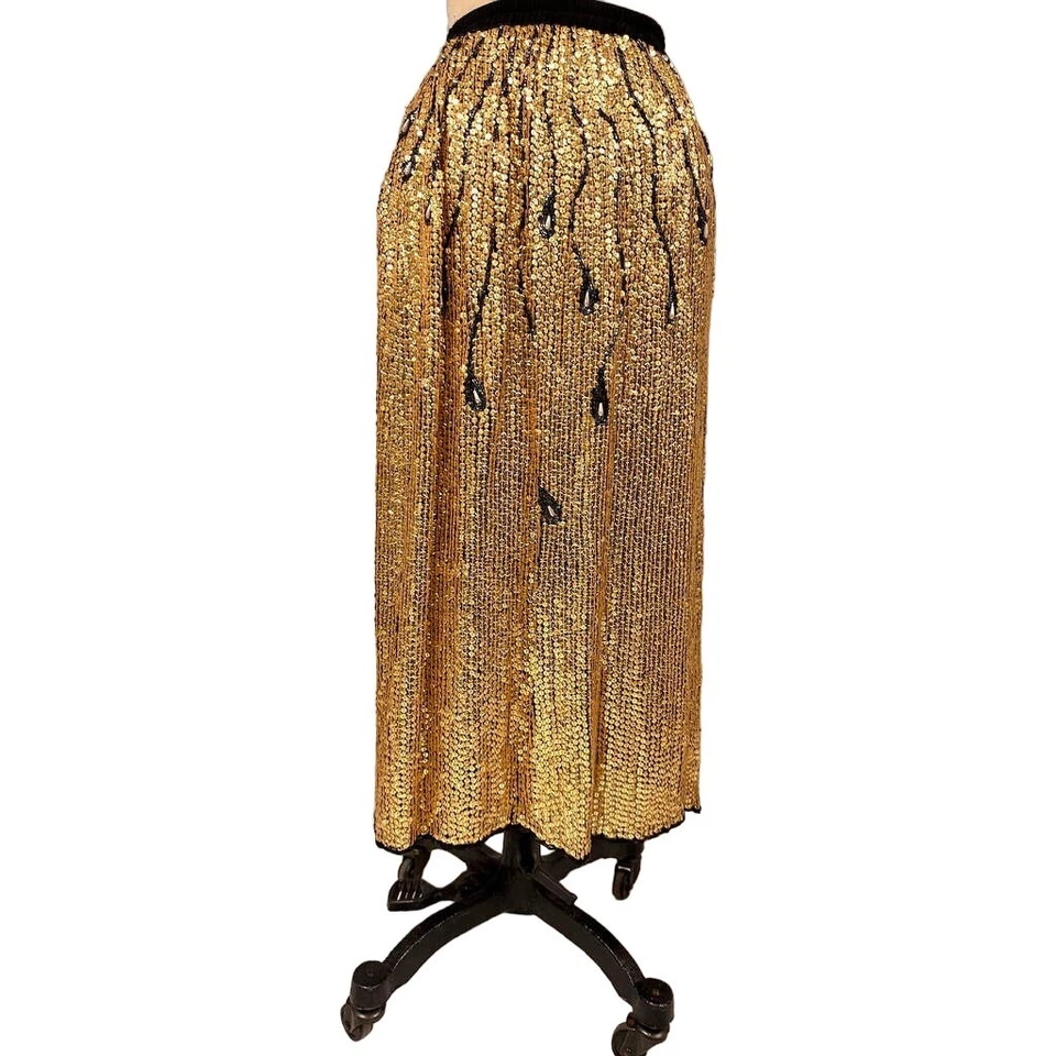 Falda de lentejuelas doradas Art Deco de colección años 80 con cuentas de pavo real fiesta cóctel S lápiz largo Foto 2 de 4
