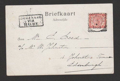 Suriname 1905 picture postcard to Scotland- SURINAME VIA HAVRE rectangle marking
