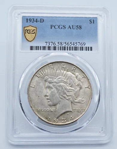 1934-D Peace Silver Dollar PCGS AU58 Gold Shield Label -  T272