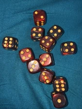 Dice D6 Set Of 12 Swirled Dice 16mm Red And Black With Gold Pips