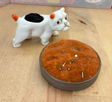 2 Vintage Pincushions, Porcelain Bulldog, 3"l
