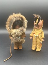 Kewpie Vintage Native American Indian Hard Plastic Mohawk Sleep Eyes Dolls w/fur