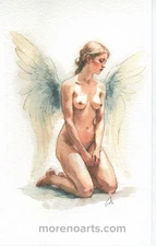 Watercolor Angel Nude with Wings 5x8 Collector Fine Art Painting