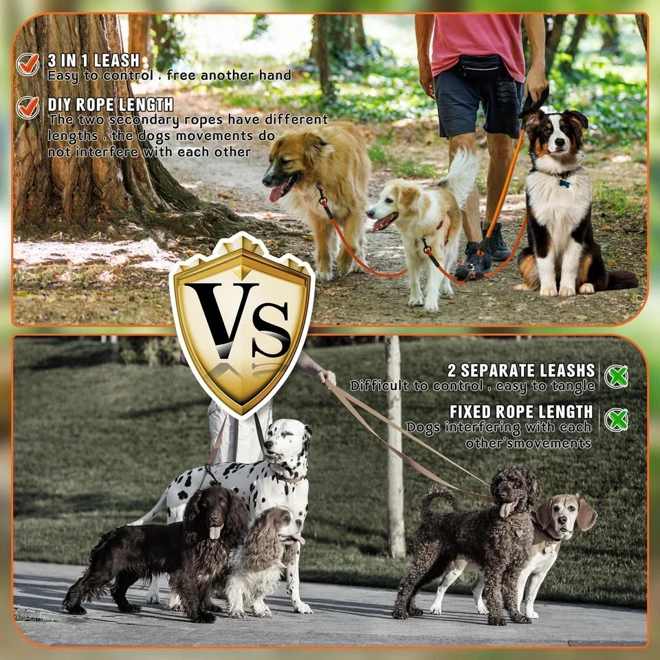 Correa de tres vías de alta resistencia para perros, giratoria 360 sin enredos, mango acolchado, para caminar... Foto 3 de 4