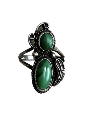 Native American Old Pawn Malachite Feather Sterling Silver Size 5.75