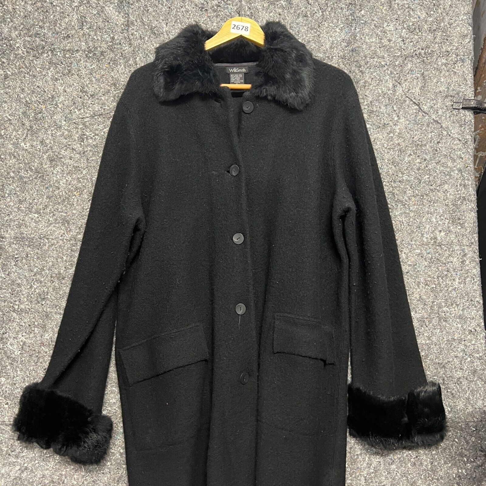 Willi Smith Over Coat Women XL Black Rabbit Fur 100% Wool Angora Long