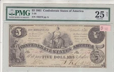 T-36 1861 $5  CONFEDERATE STATES CURRENCY CIVIL WAR NOTE  PMG 25  Very FINE R3