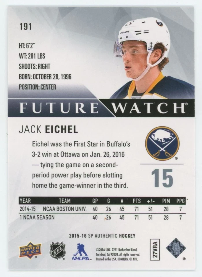 2016-17 SP AUTHENTIC Jack Eichel FUTURE WATCH RC ROOKIE /999 - Image 2 of 2