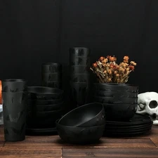 30 Piece Plastic Etched Halloween Bat Pattern Dinnerware Full Set Black BPA Free