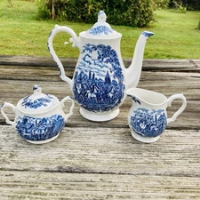 Myott Royal Mail Blue Teapot Creamer Sugar Set Staffordshire England 3 Pc Set