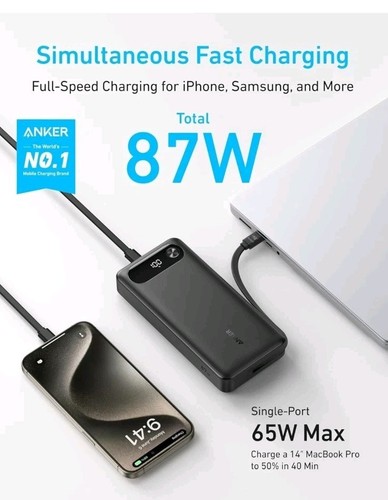 Anker Power Bank 20000mAh Portable Charger Built-in USB-C Cable 87W Max Battery - 第 2/3 張圖片