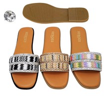 Women's Sparkling Rhinestone Flat Sandals Leather Open Toe Single Band Slide