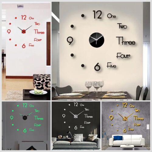 3D Large Modern Luxury Wall Clock Luminous Mirror Wall Home DIY Decor 4 COLOURS - Picture 1 of 16