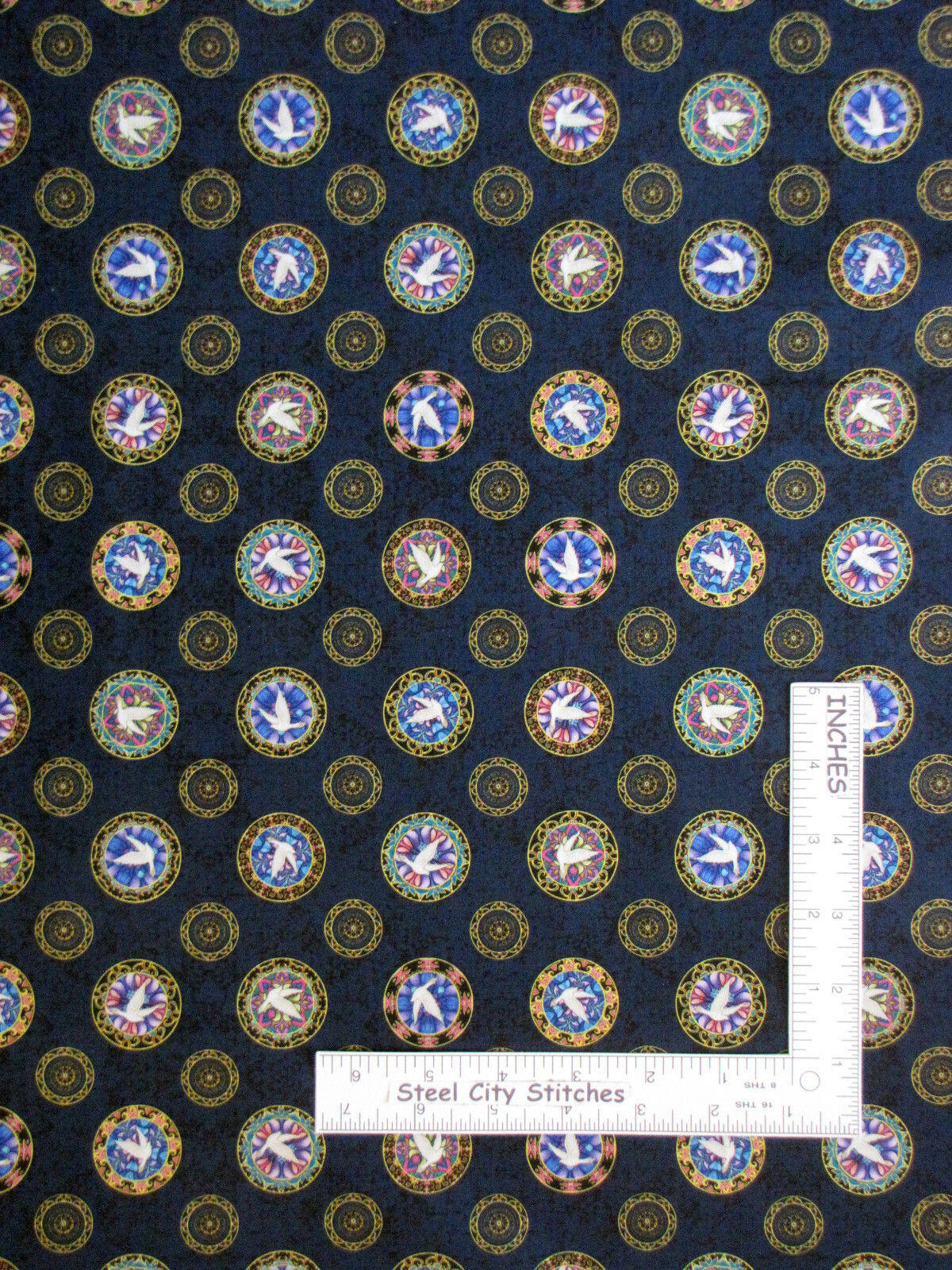 Religious Church Stained Glass Window Dove Fabric By the Yard Navy Cotton by QT
