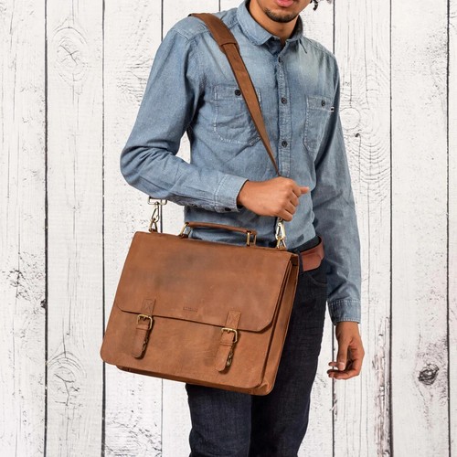 LEABAGS Gainesville Genuine Buffalo Brown Leather Messenger Bag in Vintage 15” - Picture 6 of 8