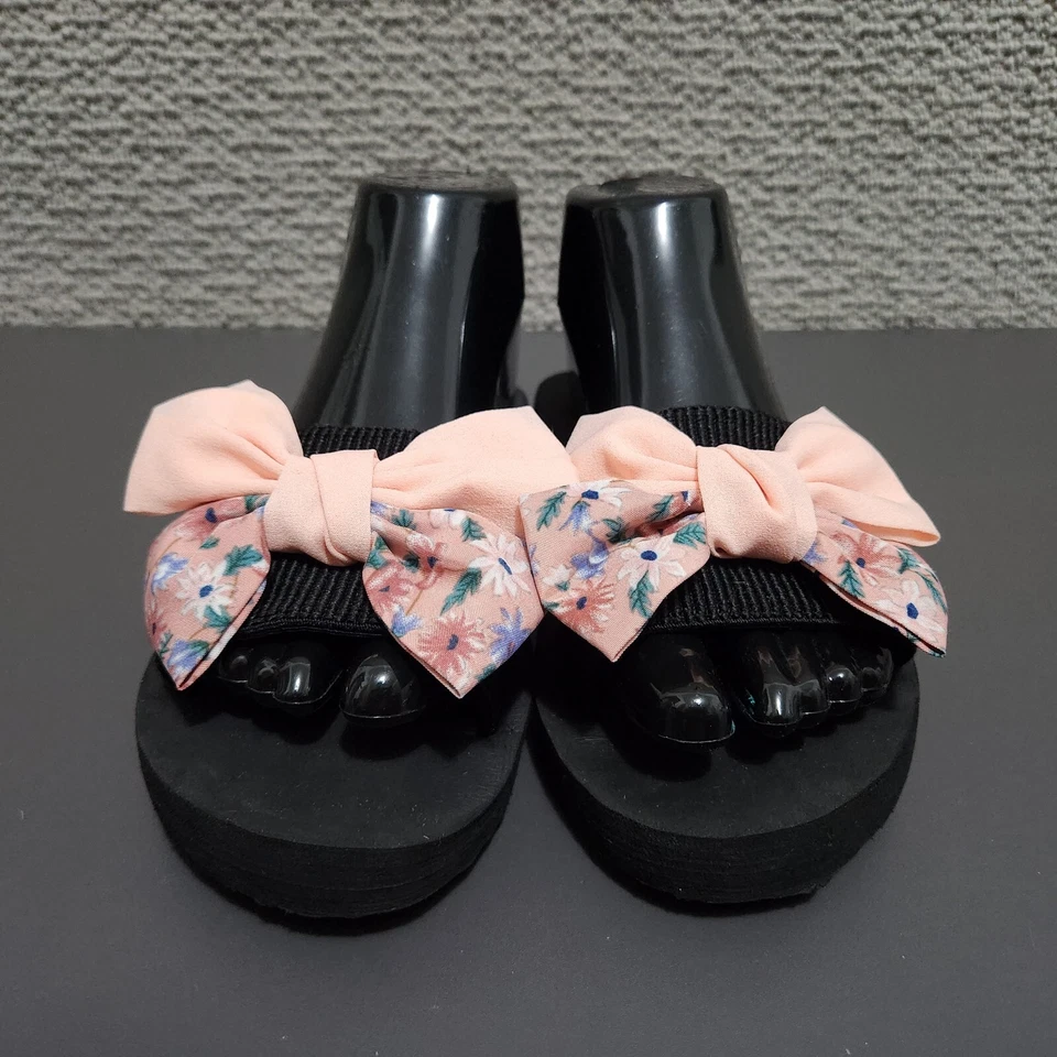 Chanclas planas sin cordones negras para mujer tacón bajo rosa floral lazo talla 7 Foto 2 de 4