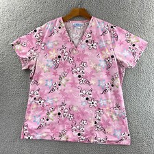 SB Scrub Top Womens Medium Pink Floral Print V Neck Nurse Medical Vet Pockets