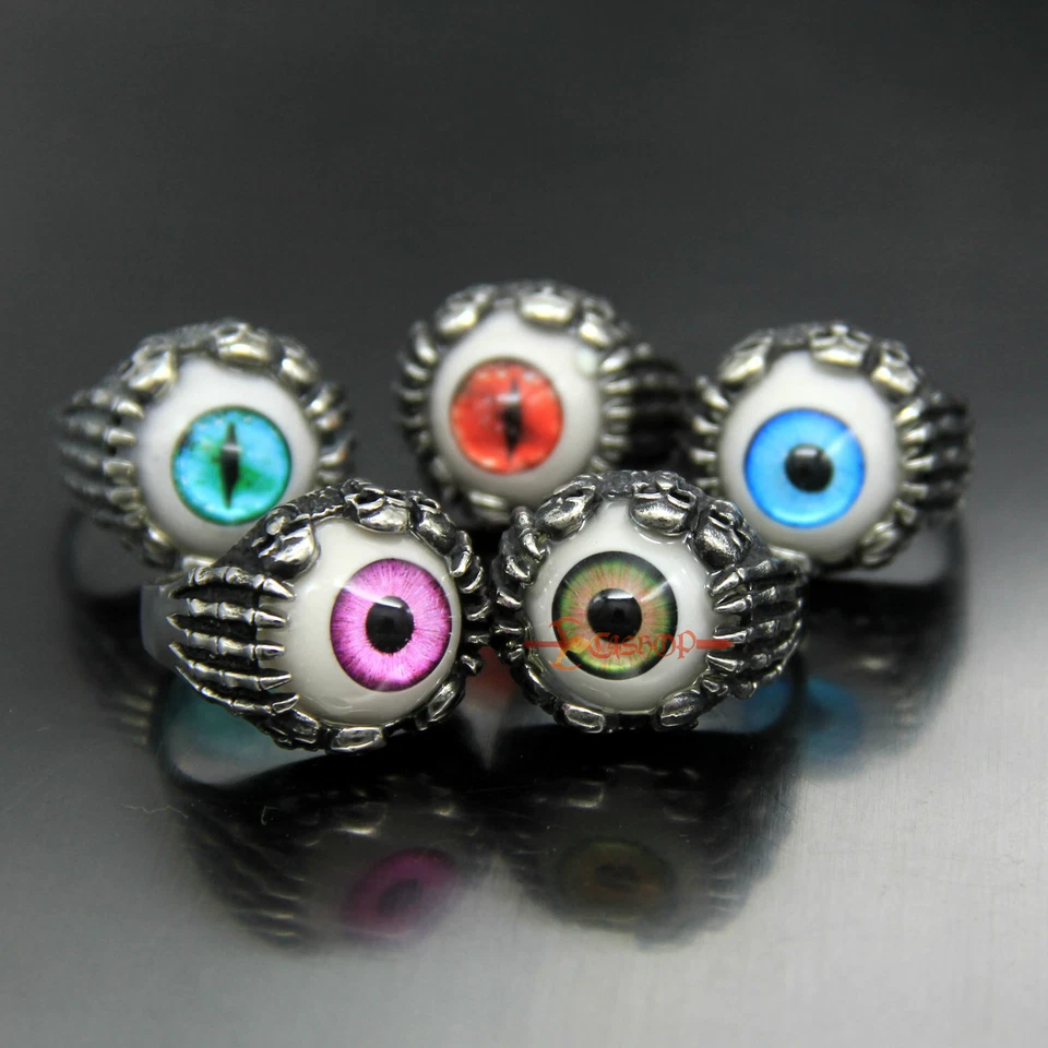 Anillo de motociclista de acero inoxidable gótico calavera esqueleto garra mano mal ojo de diablo para hombre Foto 2 de 4