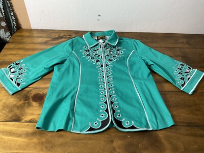 Bob Mackie Jacket Top Womens Medium Green 3/4 Sleeve Full Zip Embroidered Art 