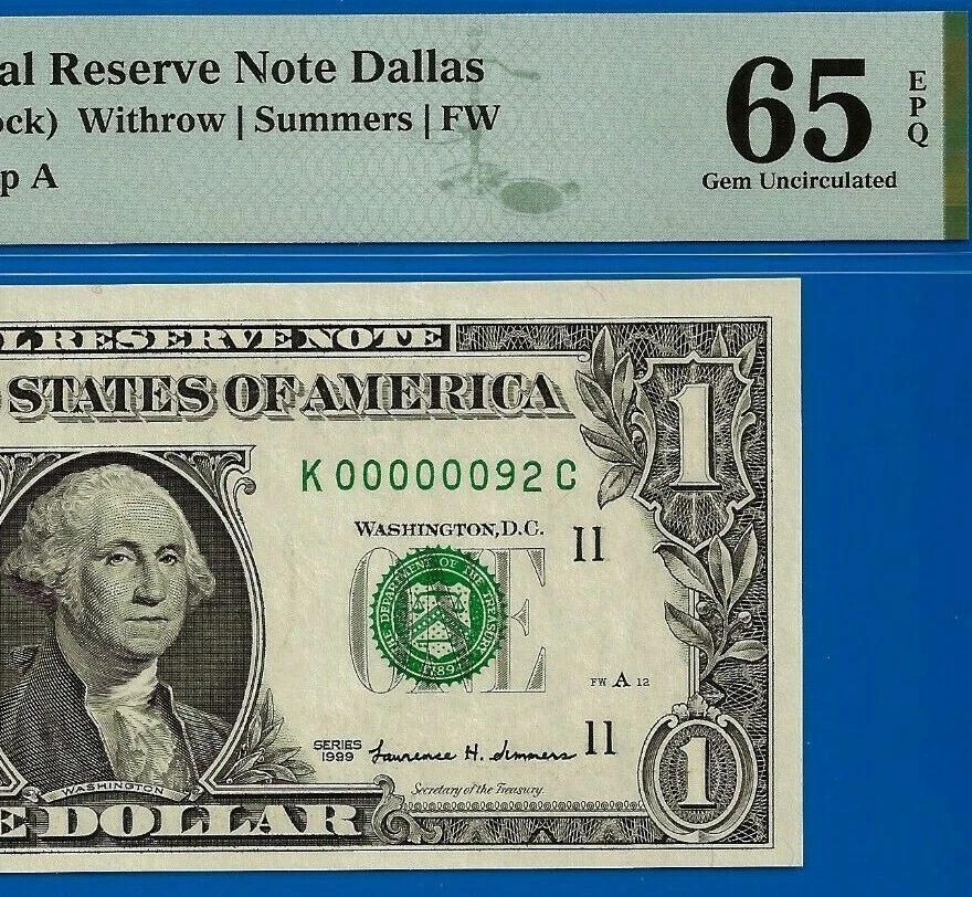 1999 $1 Federal Reserve Note PMG 65EPQ wanted popular birthday serial number 92 - Image 2 of 3