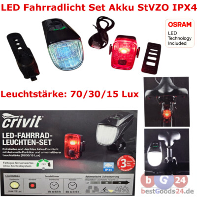LED Fahrradlicht Set StVZO IPX4 Akku Fahrradlampe Frontlicht Rücklicht 70/30/15 