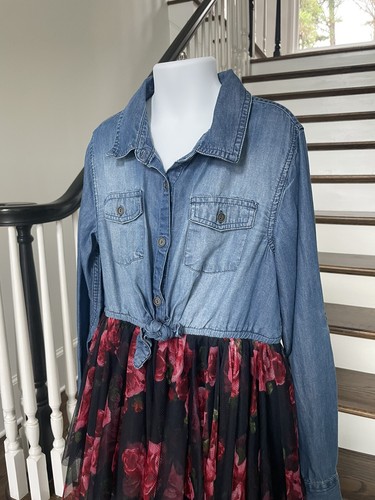 JUSTICE GIRL'S SIZE 12 DENIM AND TULLE ROSES LONG SLEEVE CHEST POCKETS DRESS - Picture 4 of 12
