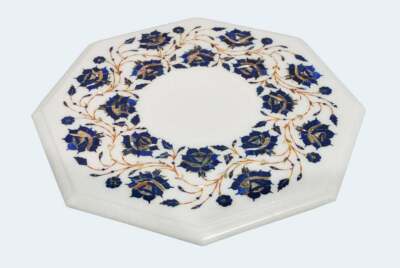 12'' Marble side Table top lapis Semi Precious Stones Inlay Handicraft Work