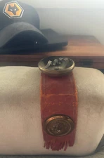 Vintage English Leather Strap Armrest Ashtray w Bronze Bowl & Horse Details