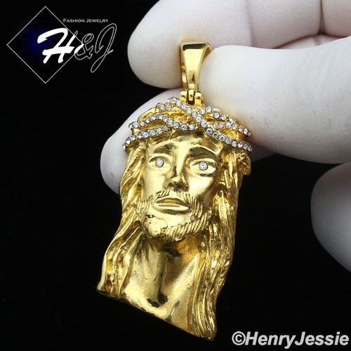 18"-40"MEN Stainless Steel 5mm Gold Plated Cuban Chain CZ Jesus Face Pendant*133 - Picture 3 of 12