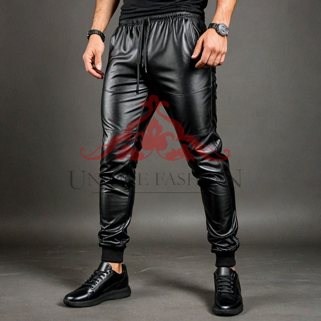 Men's Soft Genuine Leather Black TrackSuit Trouser Jogging Road Walking Trousers