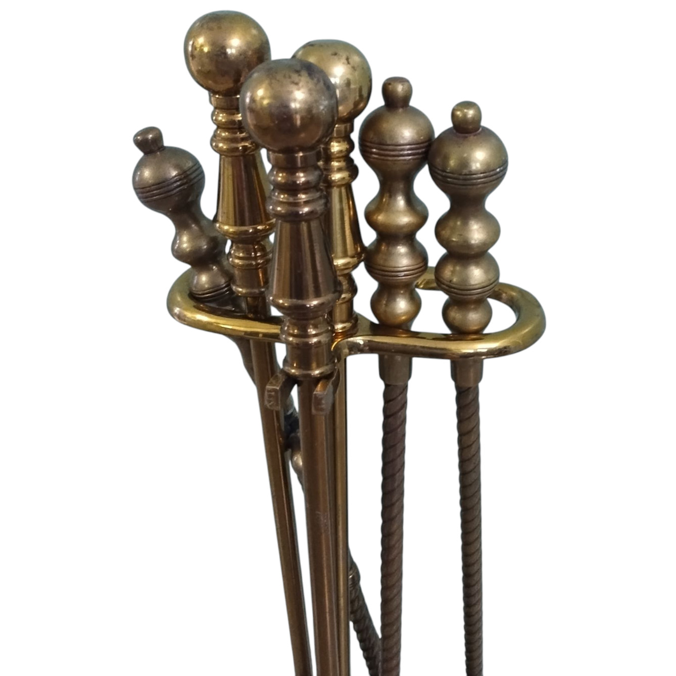 Vintage Mixed Brass Fireplace Tool Set and Stand 6 pc